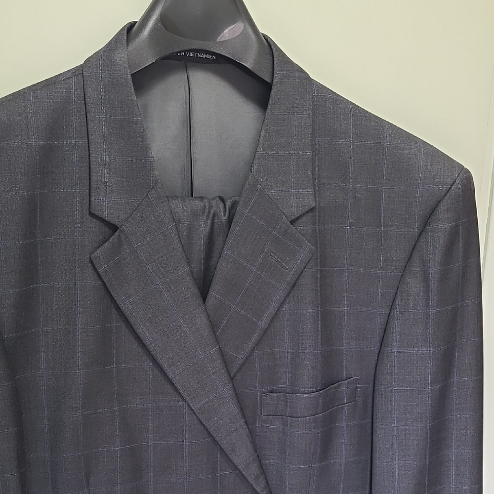 Stafford Men's Charcoal Windowpane Suit Jacket with Subtle Blue Check